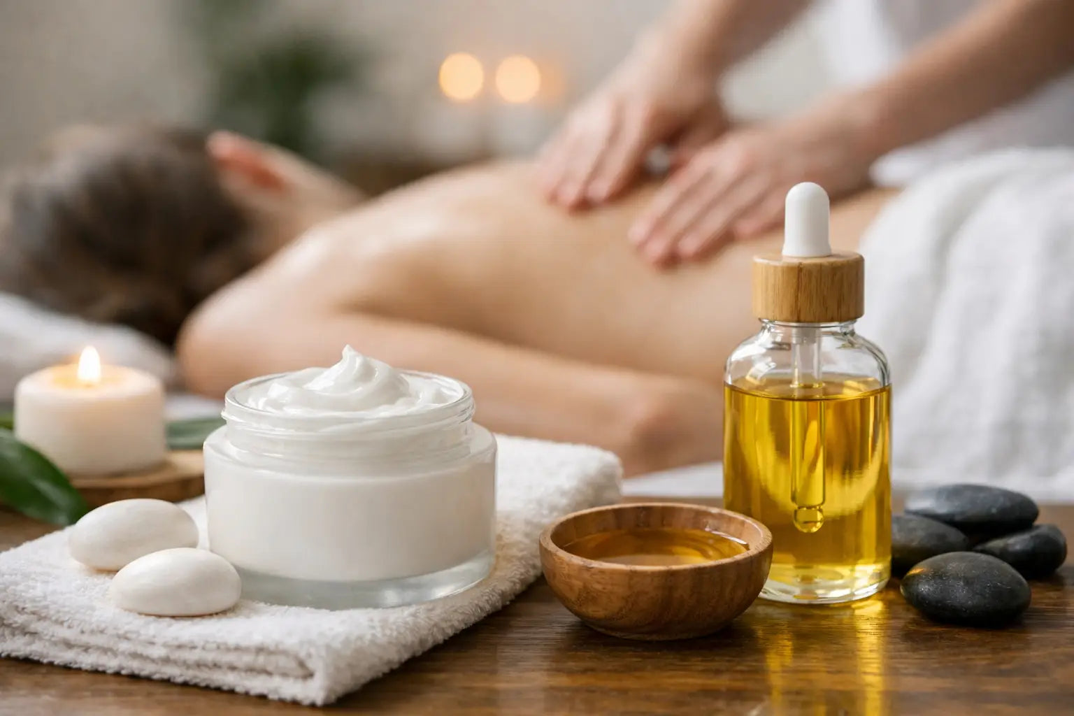 Massage cream, massage oil, and massage gel, each in their own container on a wooden table with a towel and massage stones. A person in the background lying on a table.