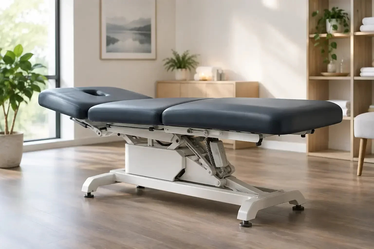 An electric lift massage treatment table with an adjustable top, with a white base and gray upholstery, set up in a room with natural light.