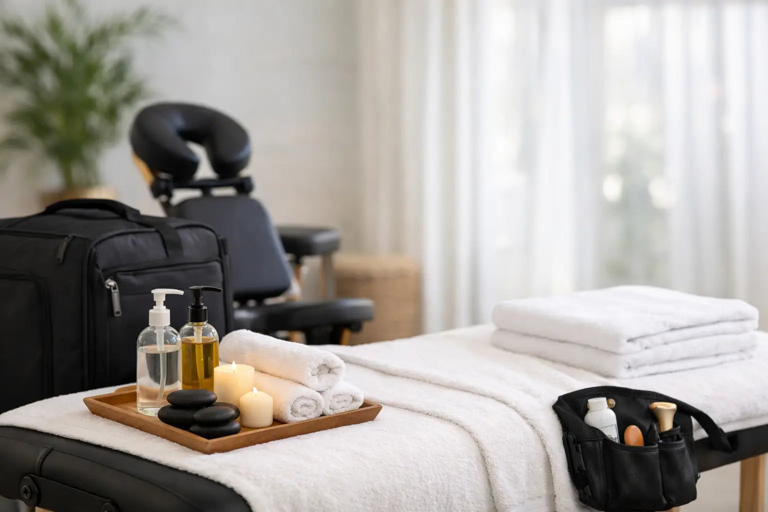Massage oil and gel, with a couple of towels, candles, and hot stones, all sitting on a wooden tray that is on a massage table dressed with linens, and a massage chair in the background. 