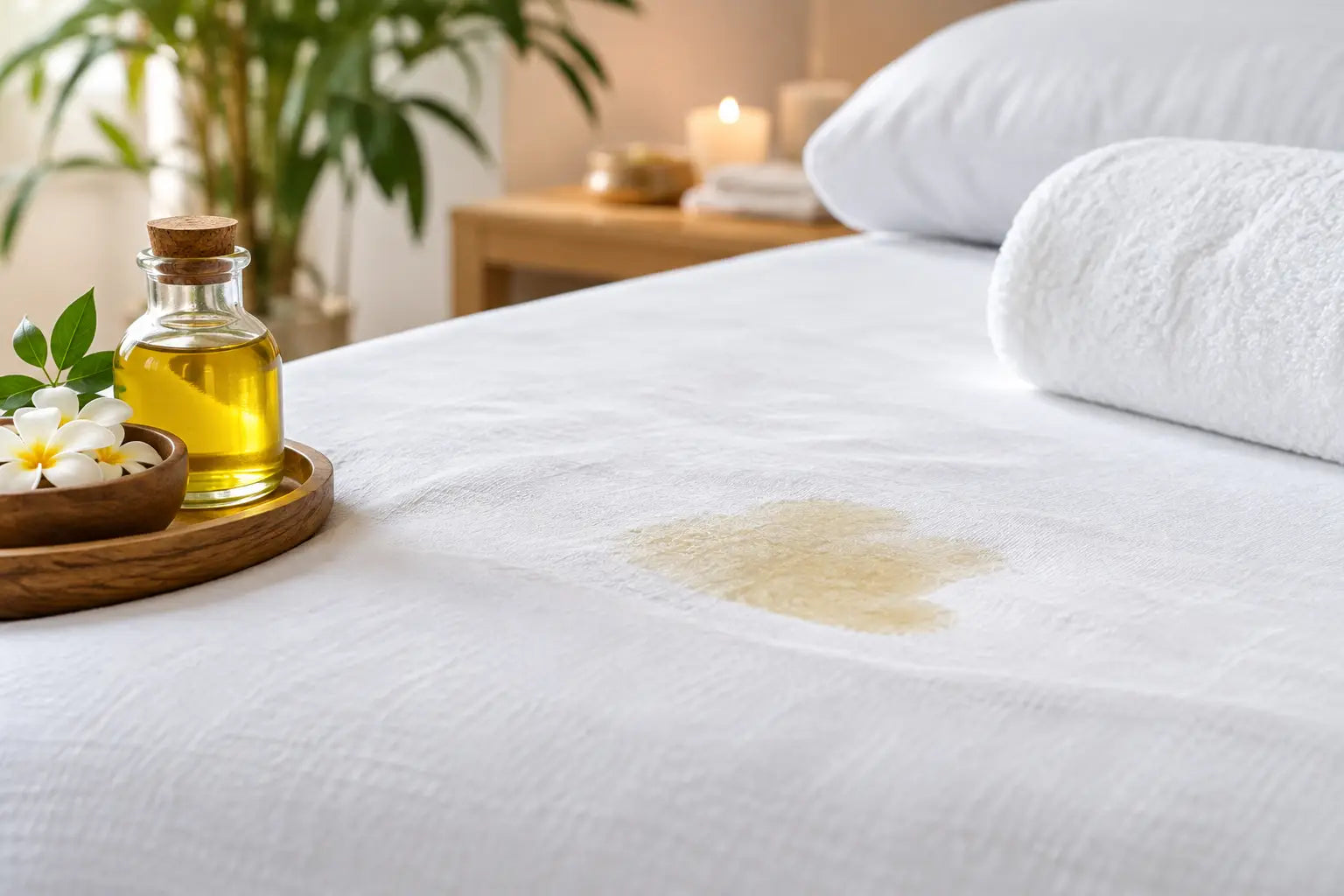A massage table is dressed with a set of white linens that have a large oil saturation stain in the middle. 