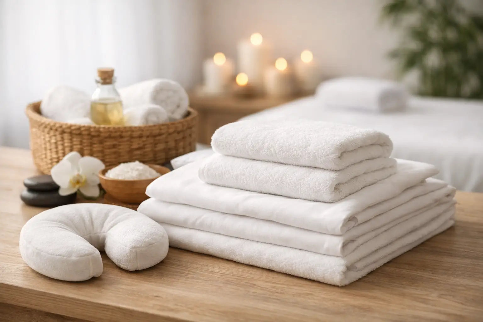 A stack of massage table sheets, towels, and a face pillow sit on a table to help illustrate How to Clean Table Linens for Massage Practice