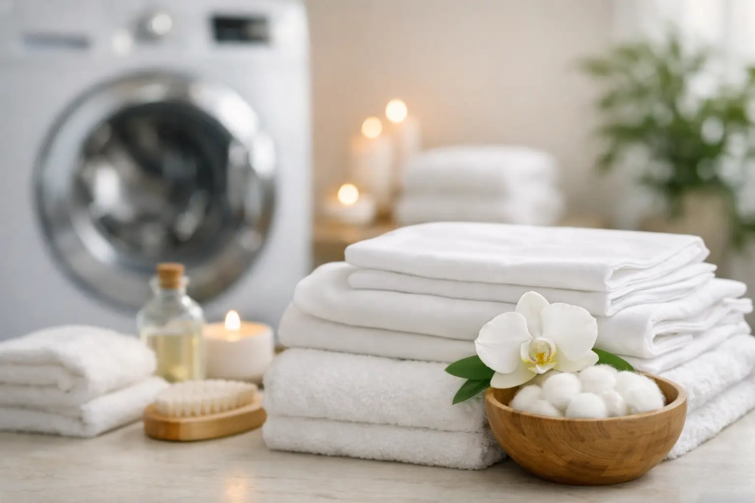 Spa linens folded on a table in a laundry room setting with to convey the idea of How to Clean Spa Linens Properly for Clients