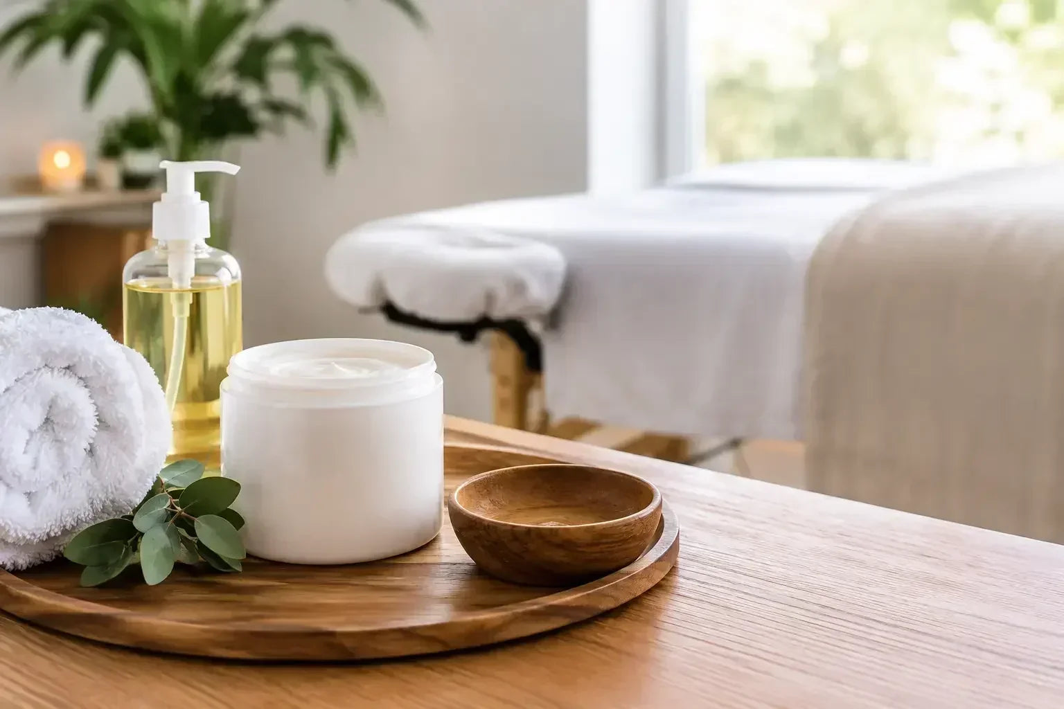 A clean massage therapy room that features a table in the foreground with a tub of massage cream and a bottle of massage oil and a massage table in the background, to illustrate the article named Professional Massage Cream Guide for Practices