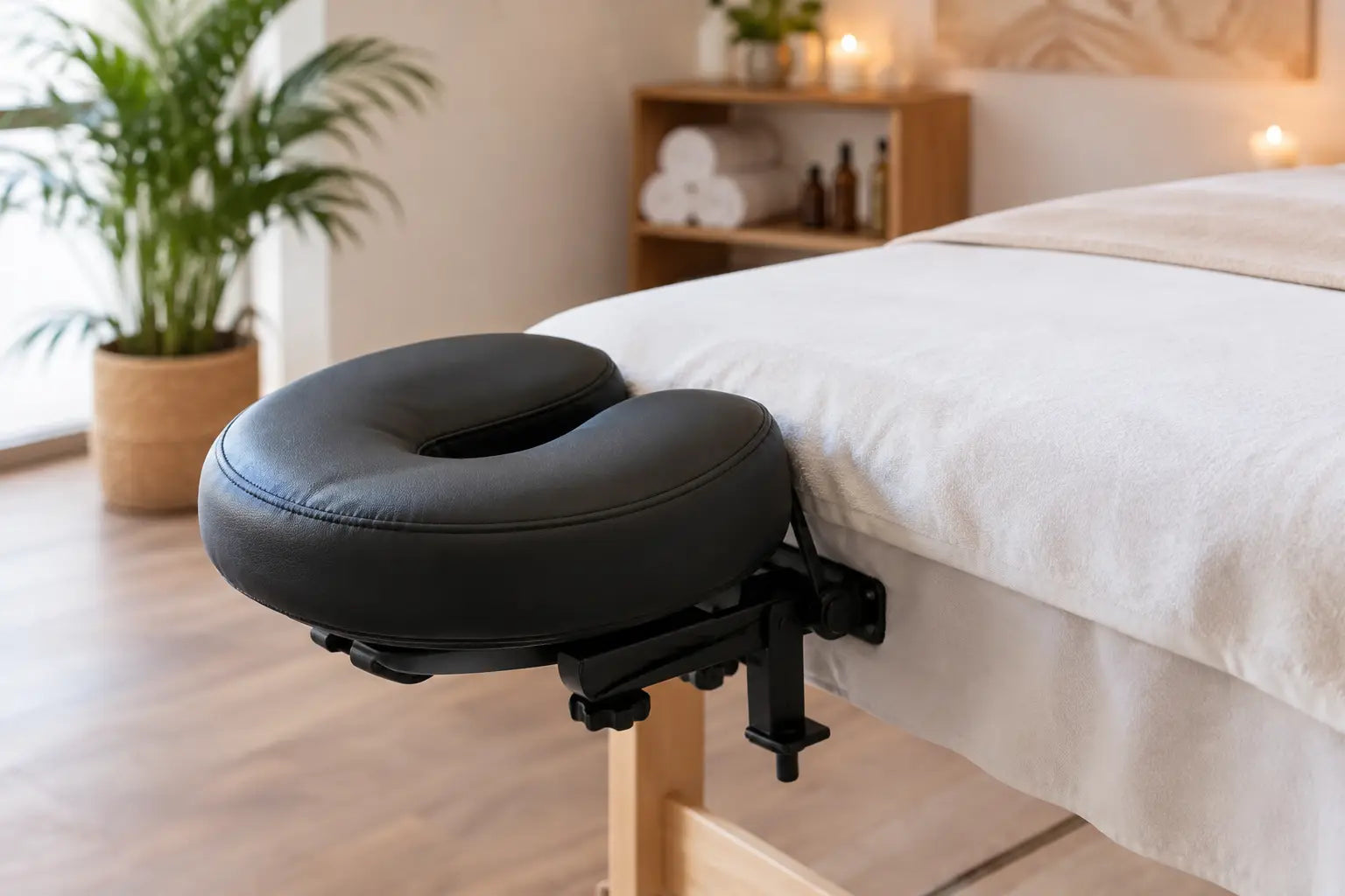 Black adjustable face rest cushion and platform inserted into a sheet-draped commercial massage table