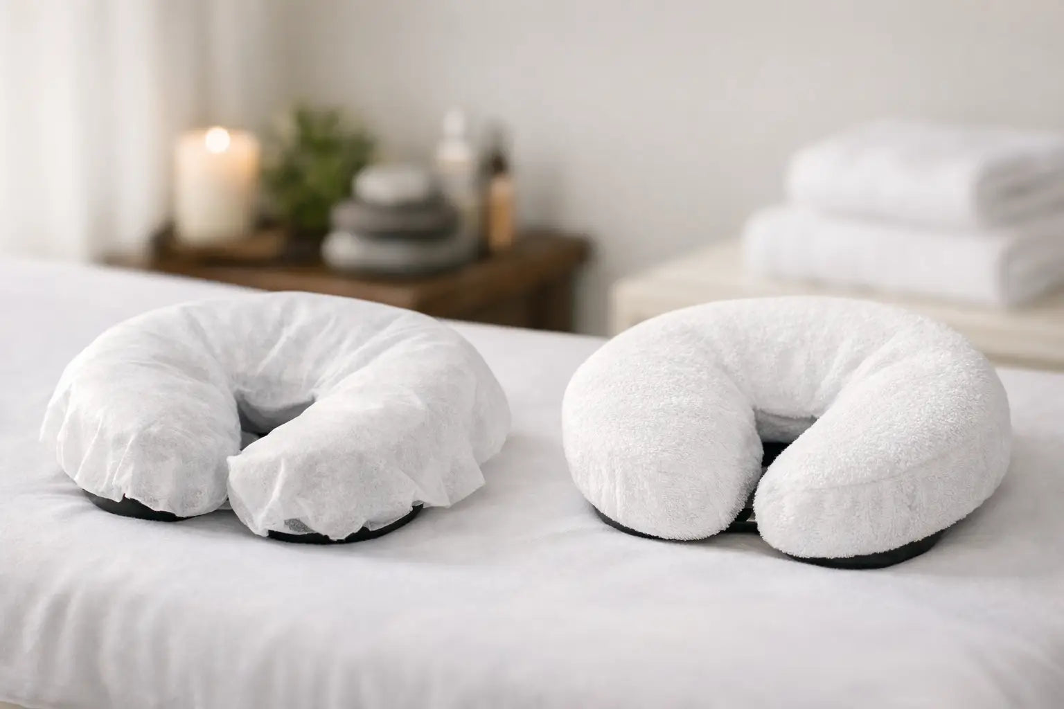 Two different types of face rest covers each on a massage face pillow. Single Use Versus Reusable Face Rest Covers