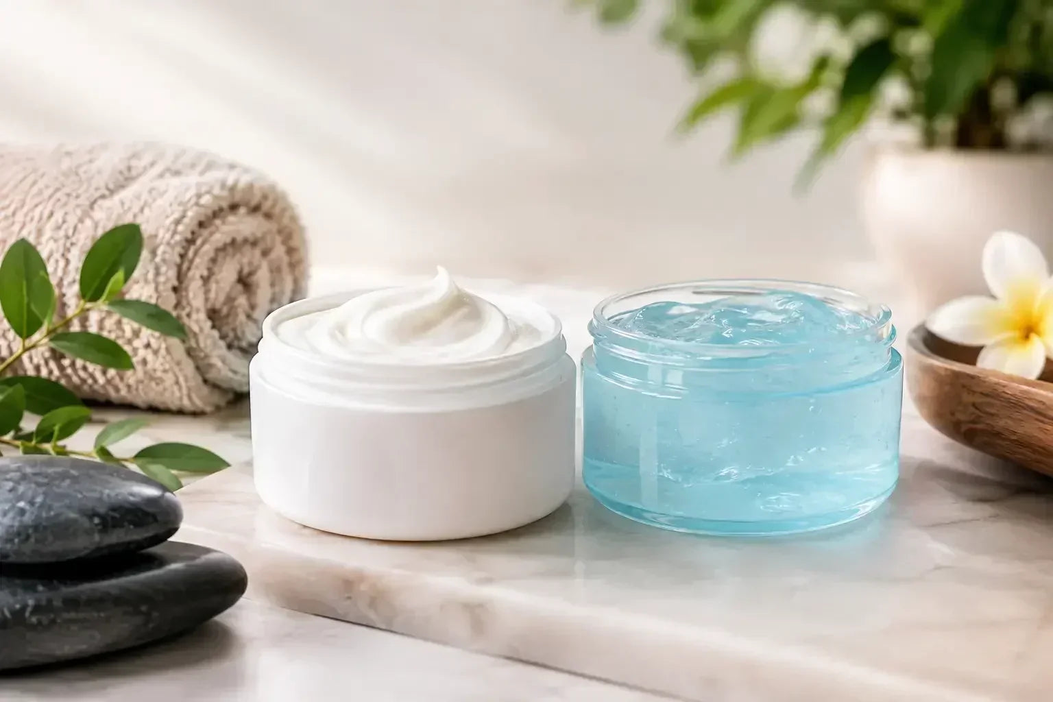 A sample of massage cream and massage gel sitting side by side on a table to illustrate the idea of Cream Versus Gel Massage: Choosing the Right Medium