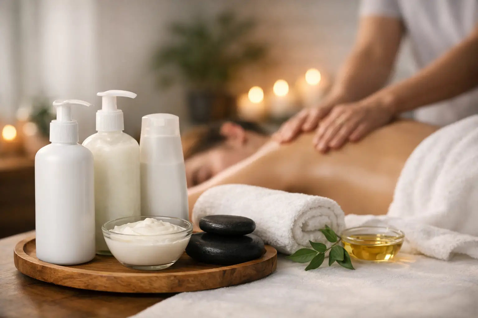 A selection of 3 massage lotions on a table decorated with massage stones and towels with a therapist in the background working on client's shoulder.