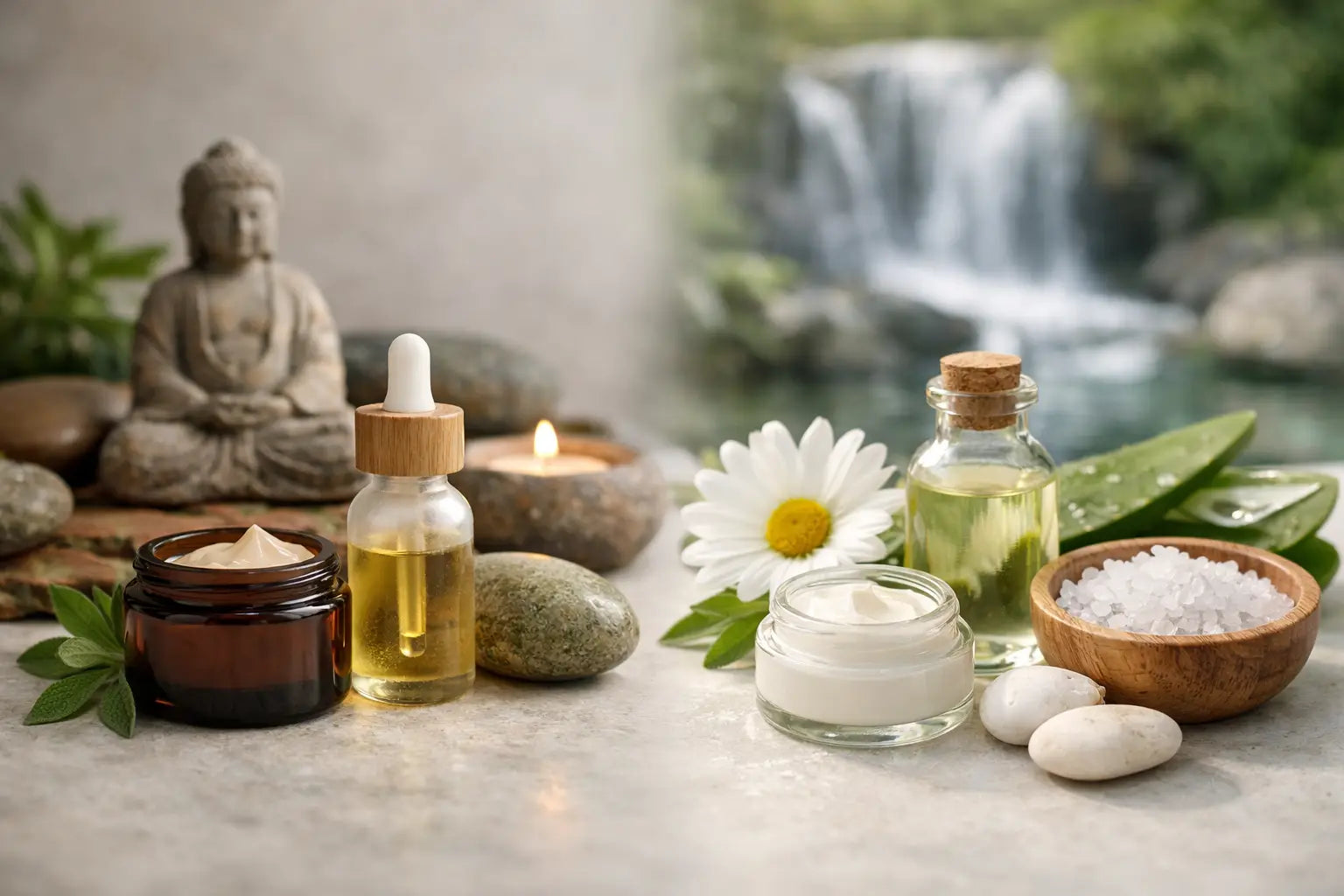 A dual image with a zen setting on the left and a nature image on the right, with 4 different containers to illustrate a comparison of massage topicals. 