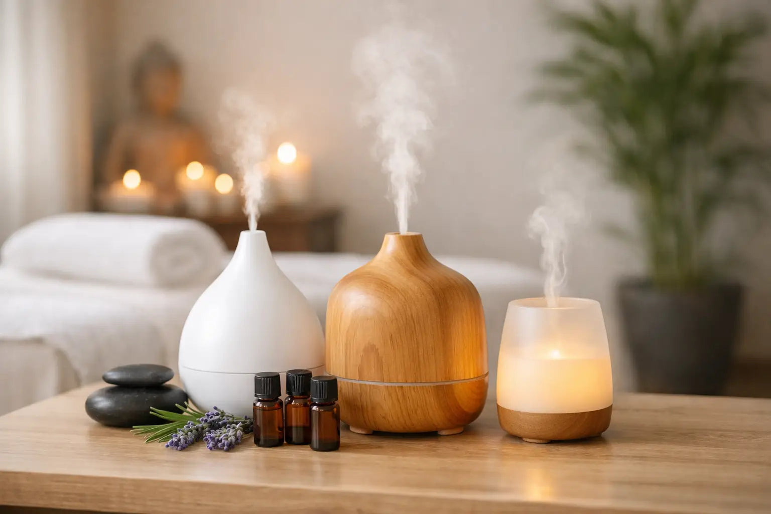 3 different diffusers sitting on a table in a spa room. 