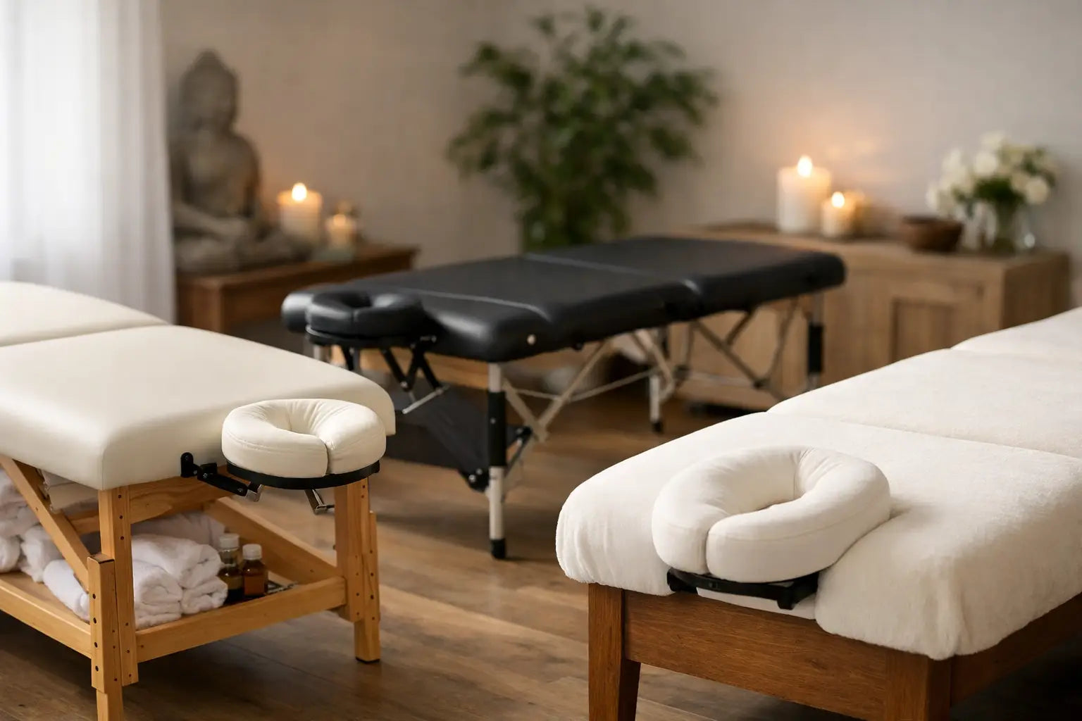 3 different massage tables set up in a warmly lit room with wooden floors, candles, a plant, and curtains.