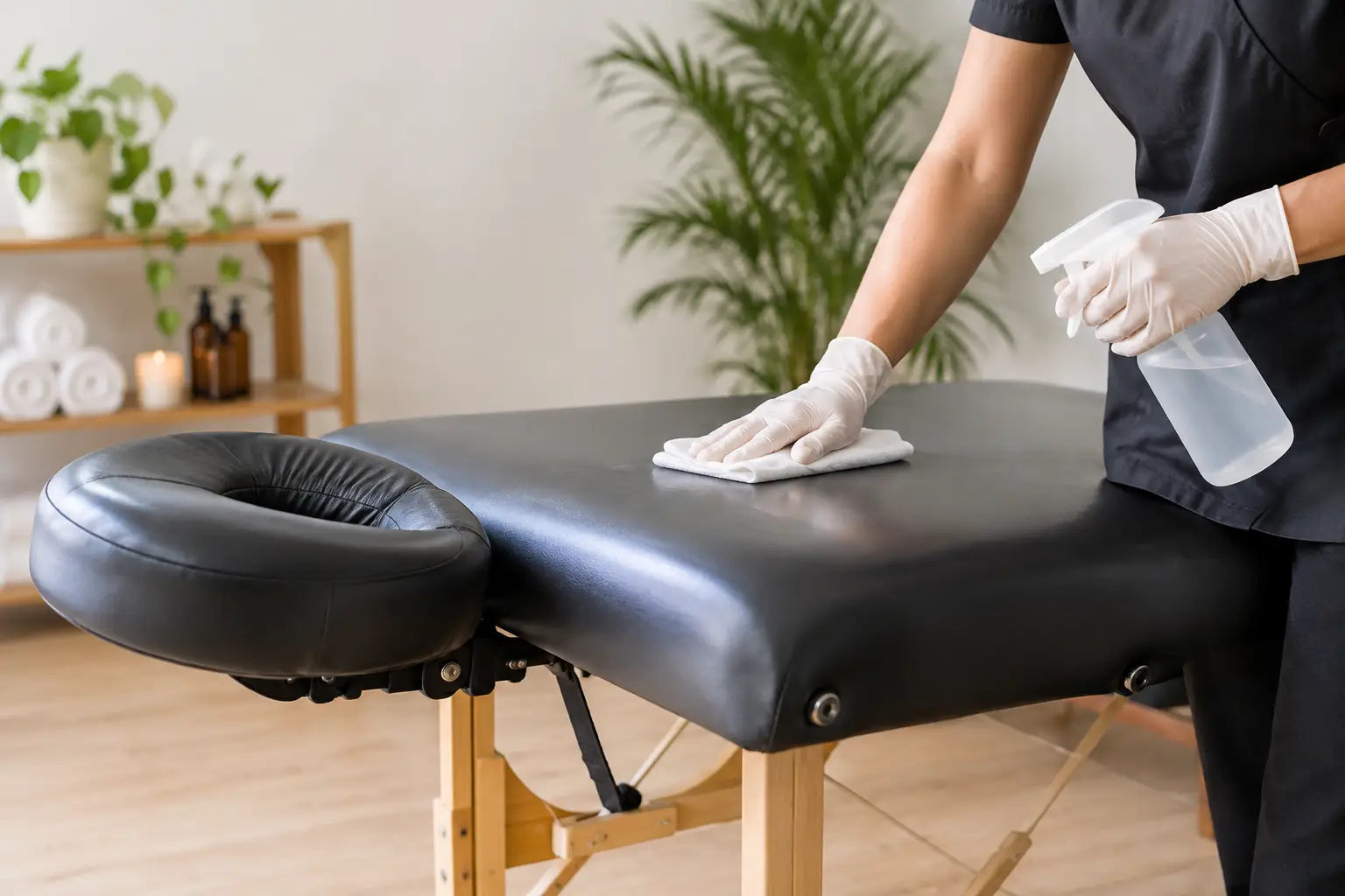 A worker is spraying cleaner and wiping down an a massage table. 