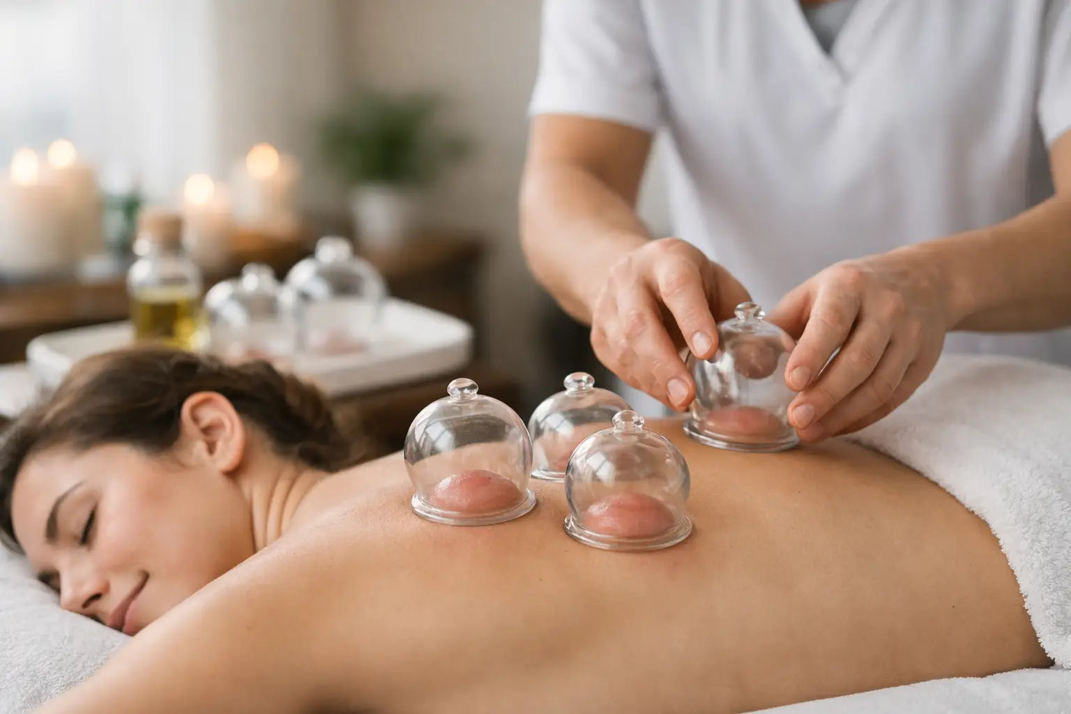 A practitioner is performing cupping on a client's back.