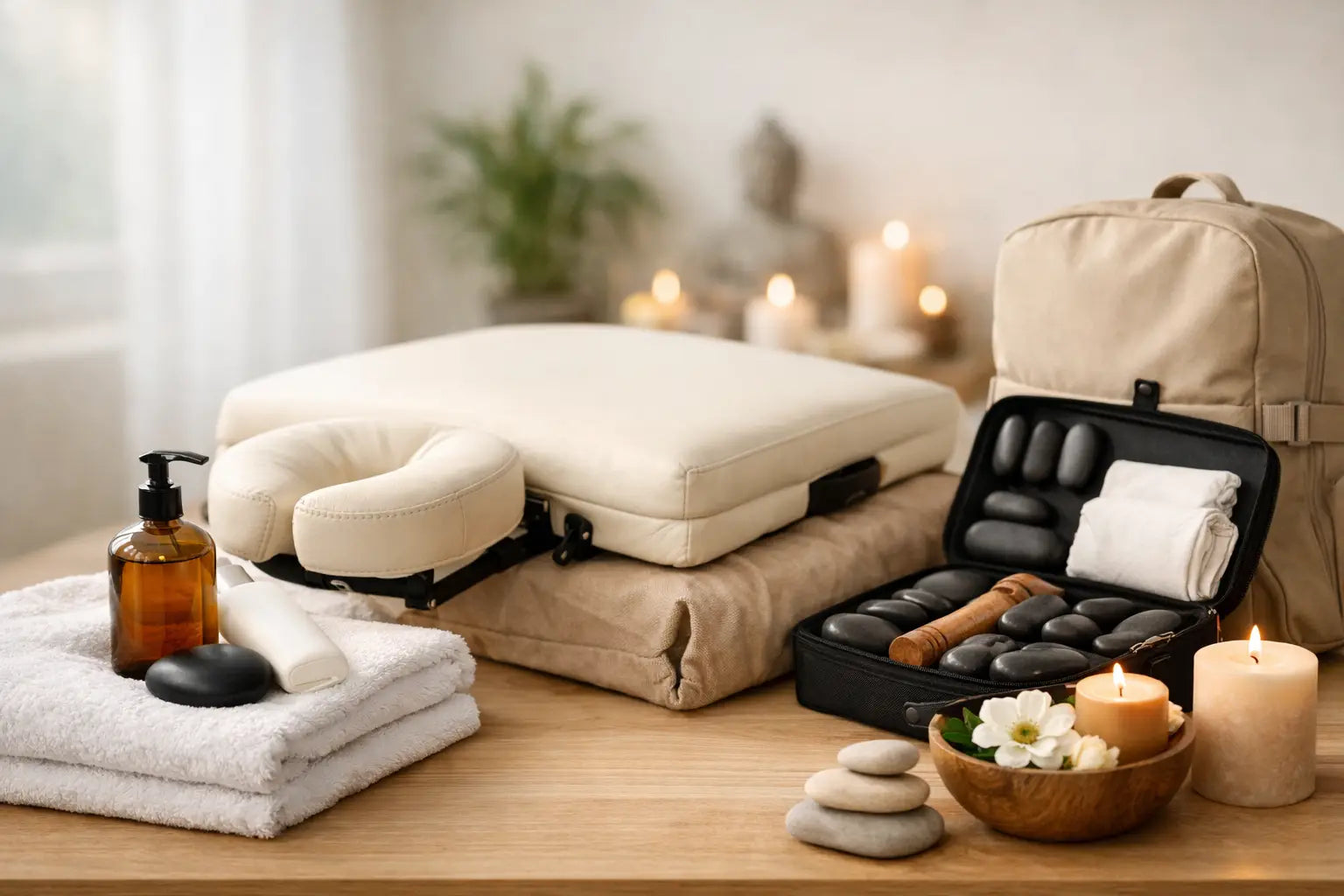 A collection of massage therapy equipment and supplies, including a table, sheets, oil, massage stones, and a couple of candles, all sitting on a table. 
