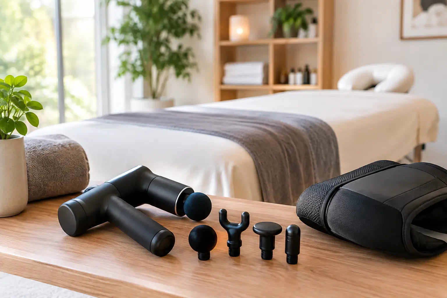 A room with nautural light and a well-draped massage table in the center, with a massage tool in the foreground and a shelf with supplies in the back ground. 
