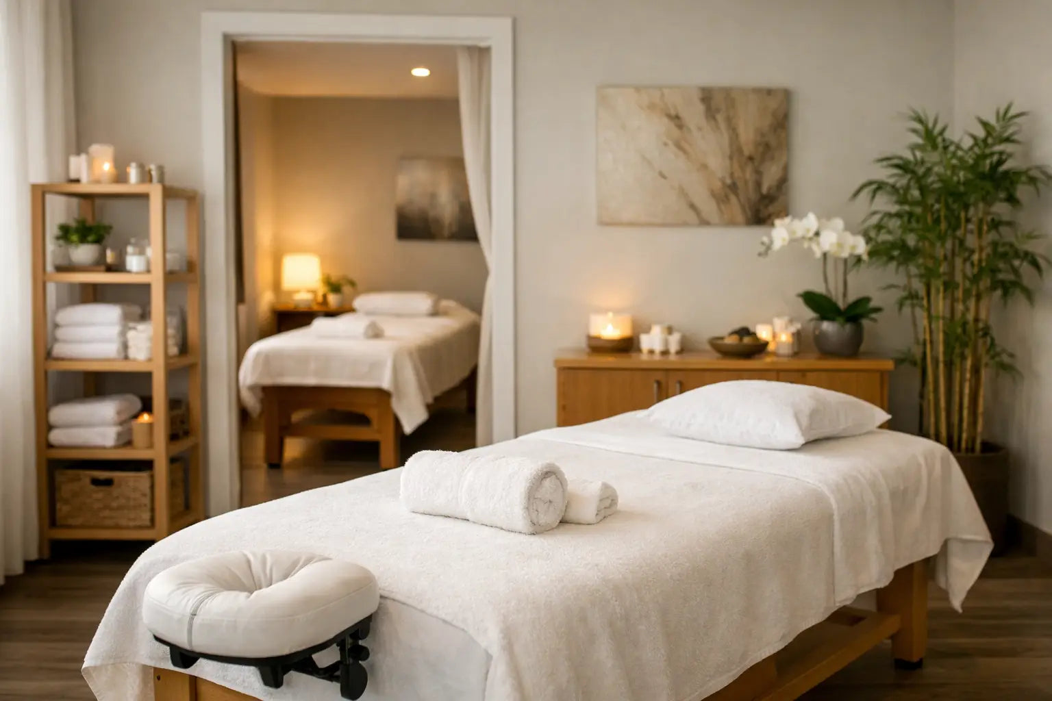 image of a fully set up massage clinic room with 2 massage tables, sheets, towels, and supplies on a shelf in the corner next to a window. 
