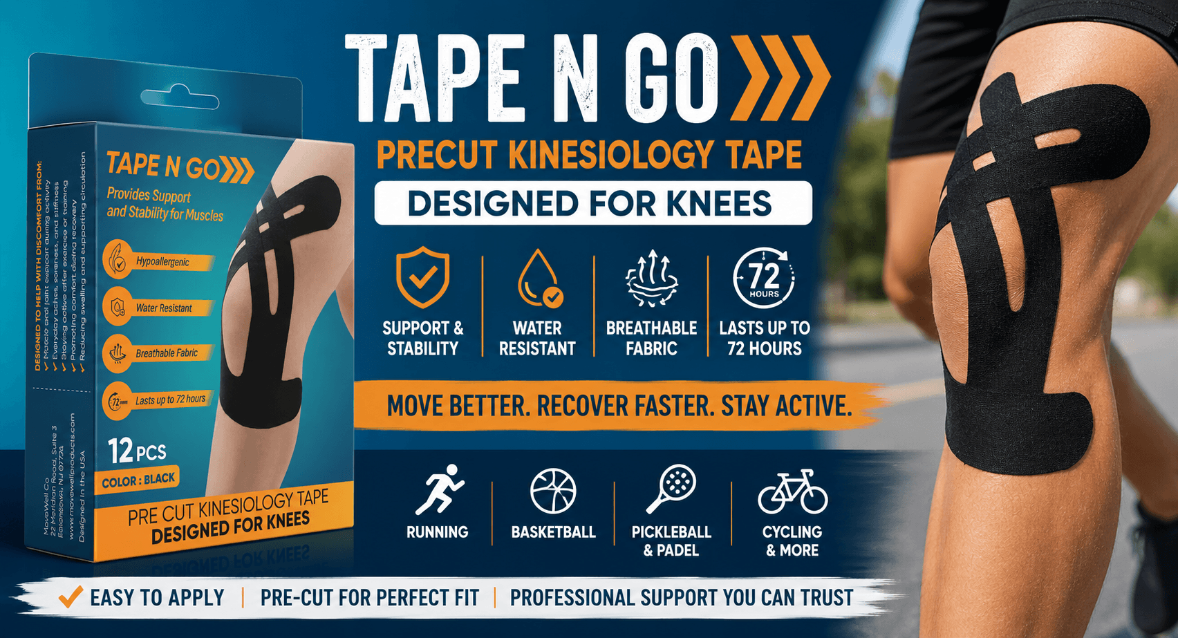 Movewell Products Tape N Go Kinesiology Tape for Knee Support, Injury Prevention While Playing Sports
