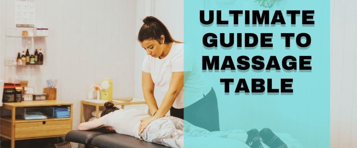Picture of a person laying on a portable massage table with a therapist pressing on the lower back, with a banner on the right side of the image that says "Ultimate Guide to Massage Table"