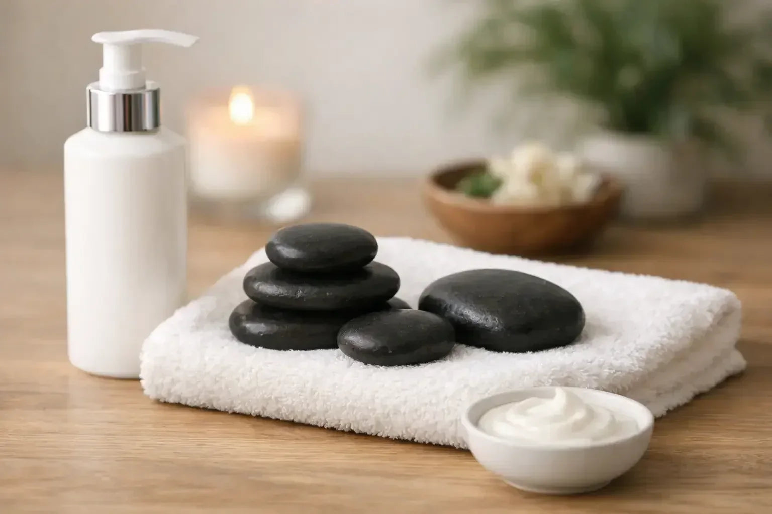 A white pump-bottle of massage lotion and a small bowl of massage cream sitting on a wooden surface next to a white folded towel that has 5 oiled massage stones on it. 