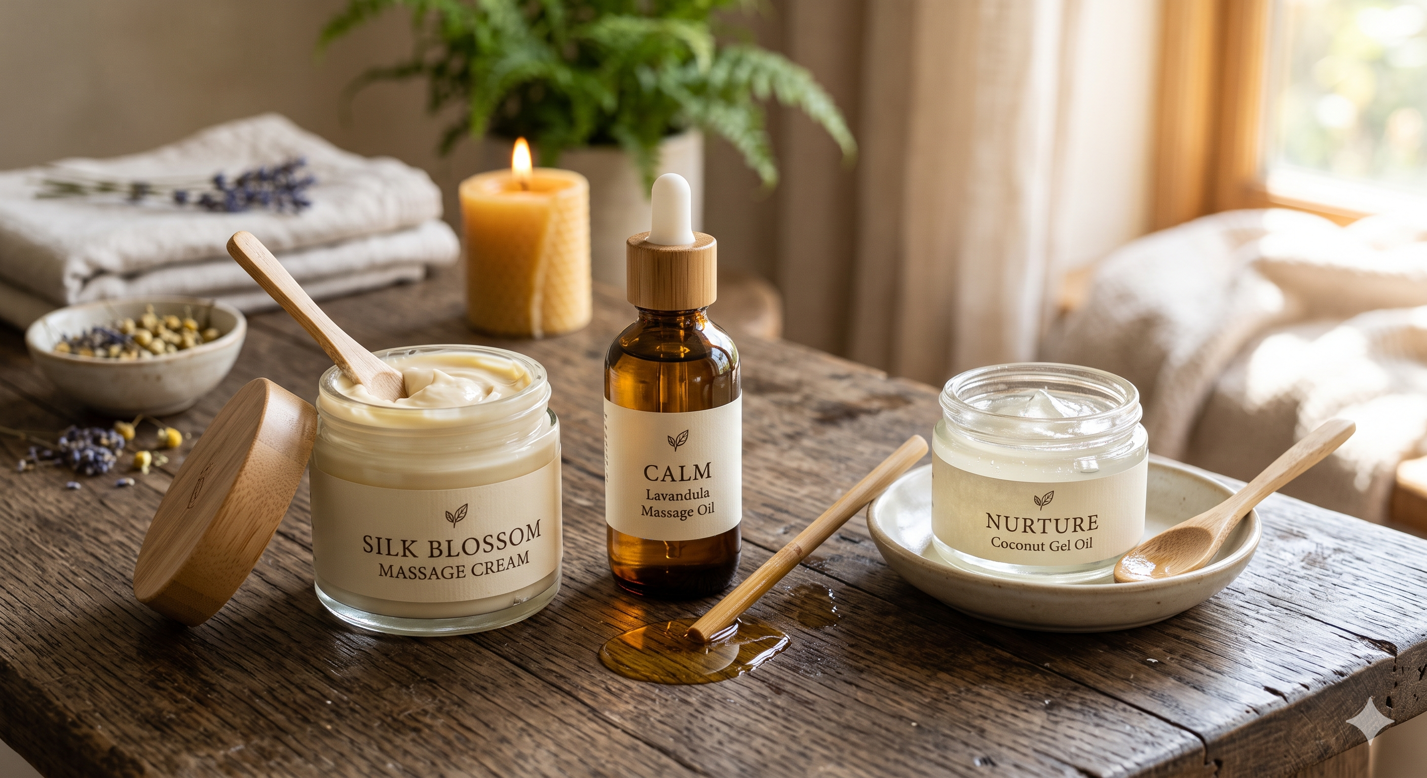 Examples of massage cream, lotion, and oils. 