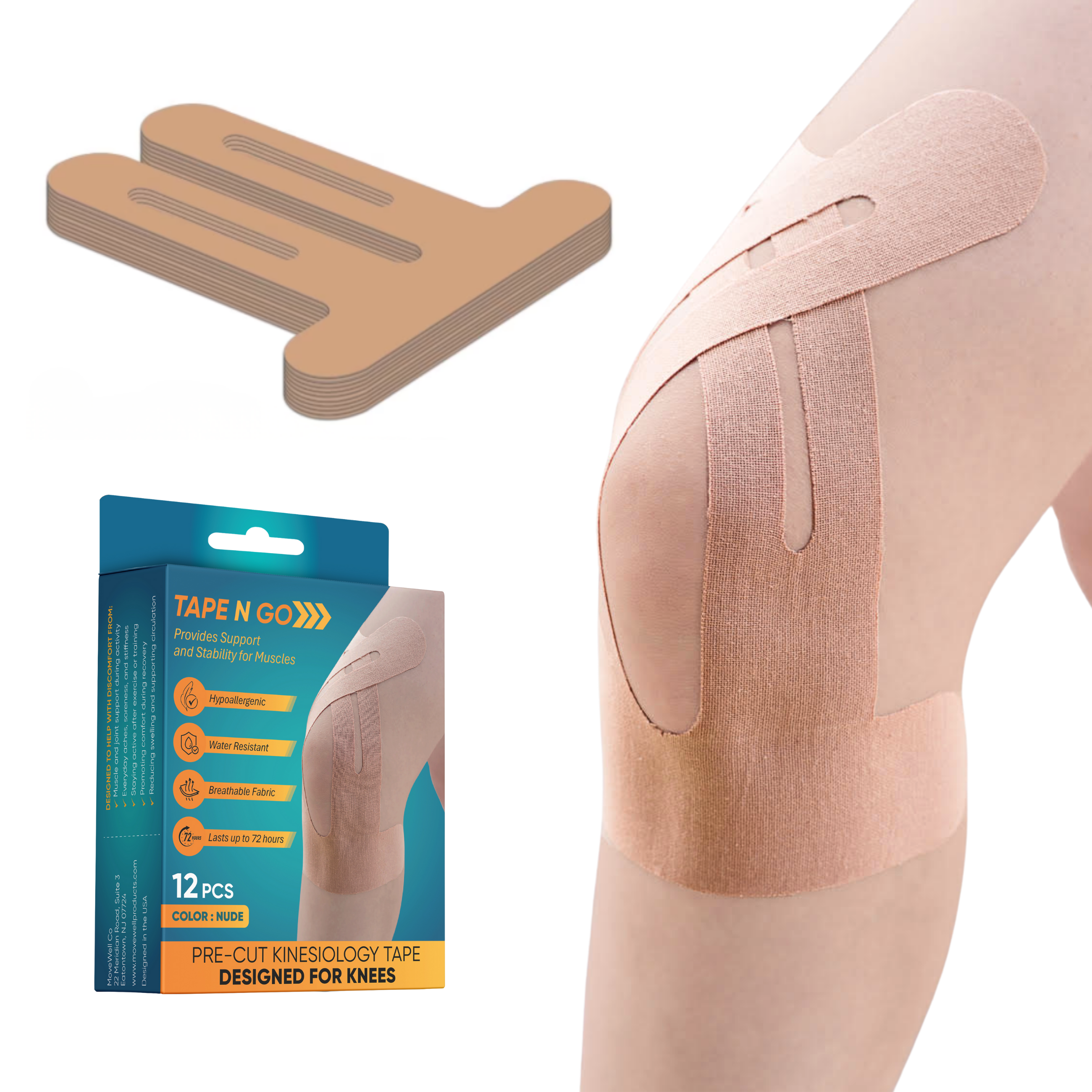 Tape N Go Precut Kinesiology Tape for Knee Support, 12 Pack - Massage King