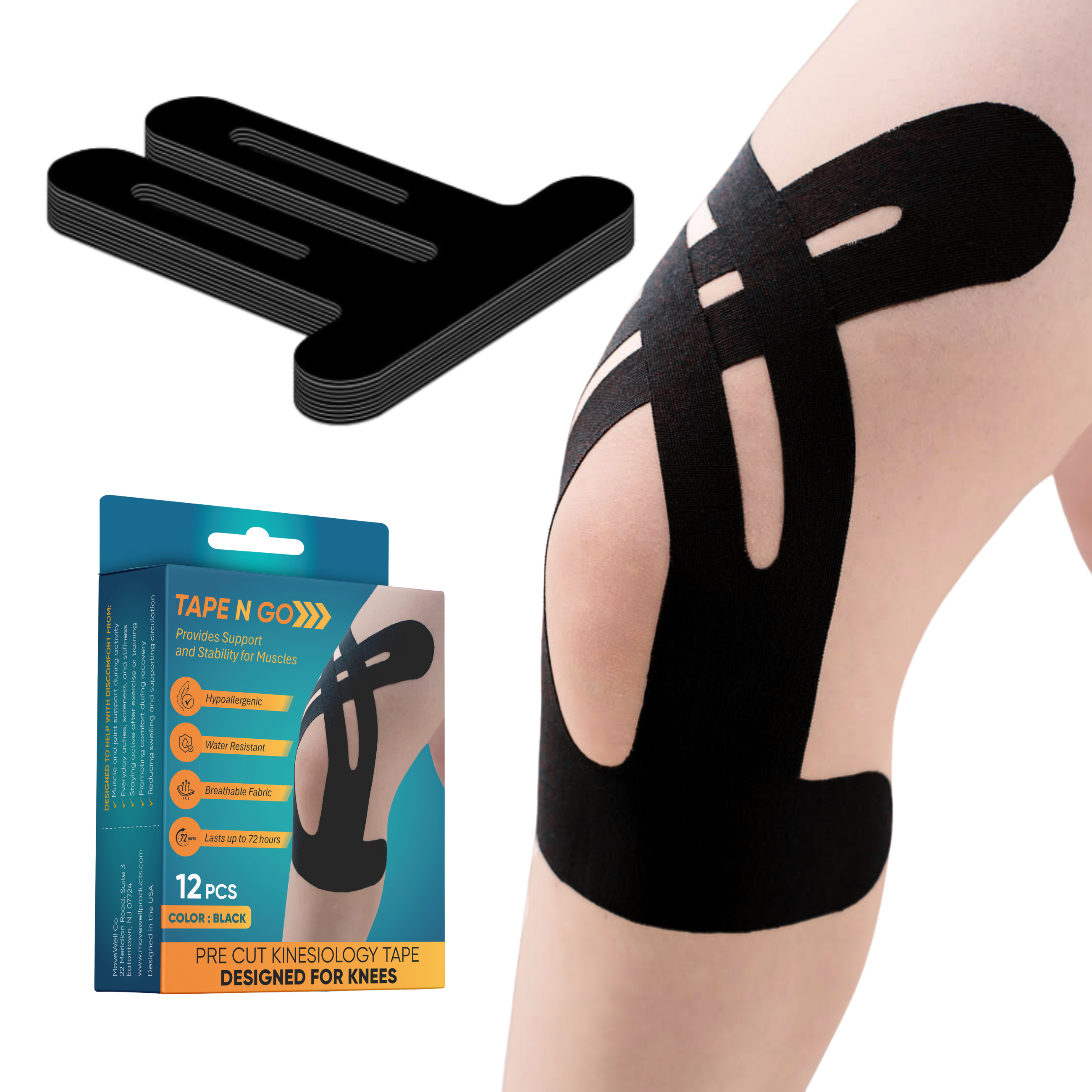 Tape N Go Precut Kinesiology Tape for Knee Support, 12 Pack - Massage King