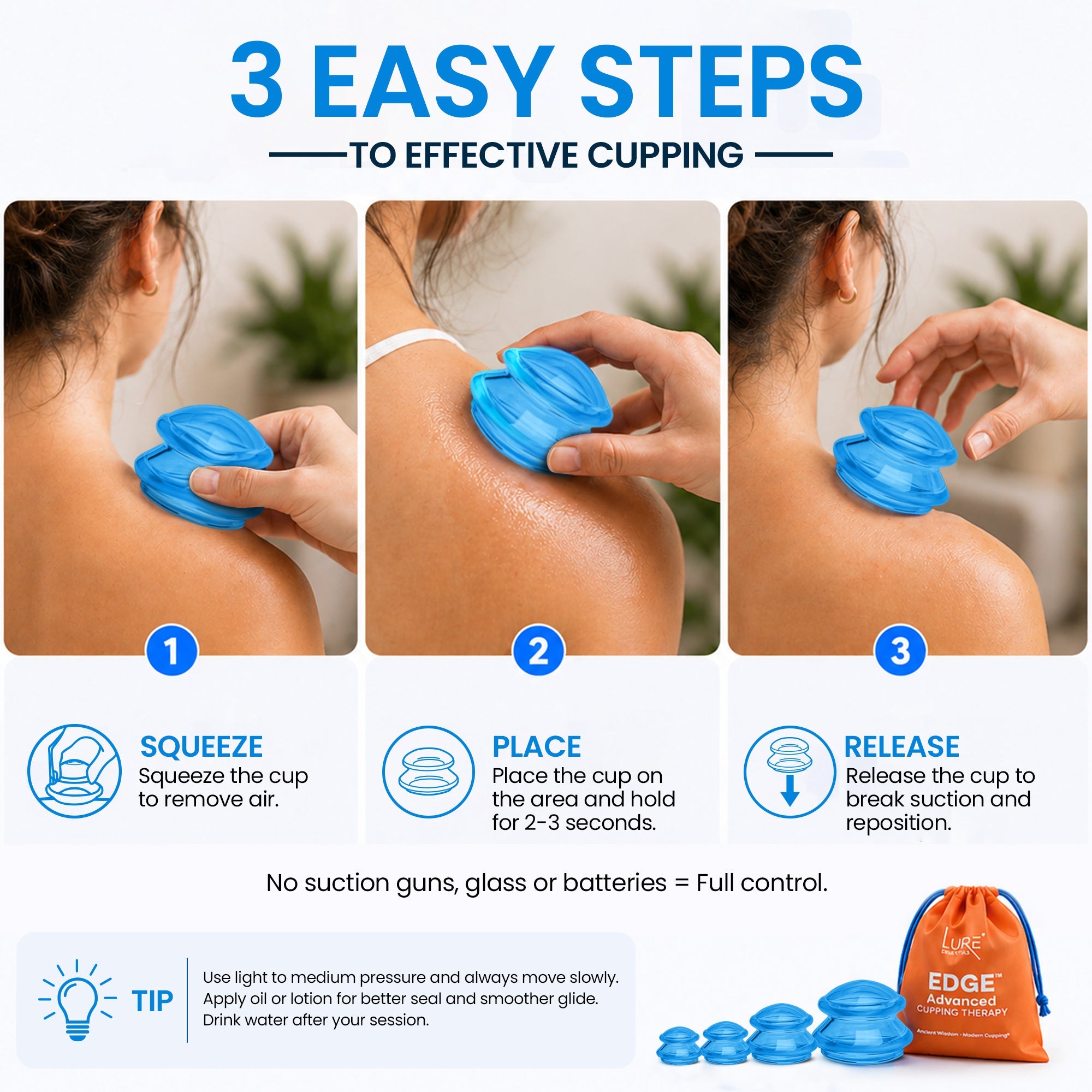 EDGE Silicone Cupping Therapy Massage Set Blue, 4 Cups