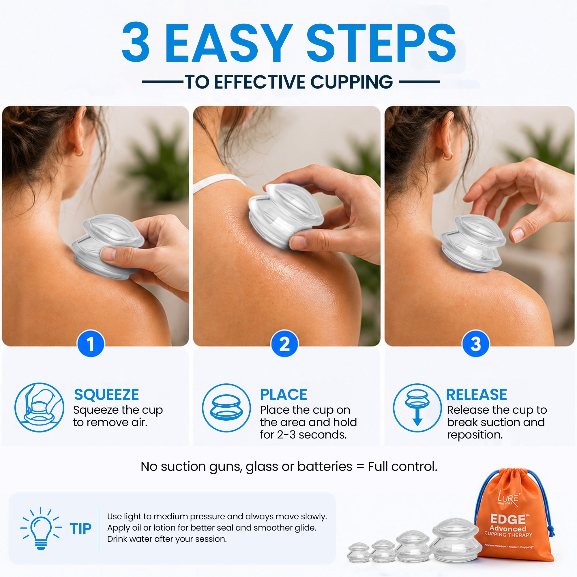 EDGE Silicone Cupping Therapy Massage Set Blue, 4 Cups