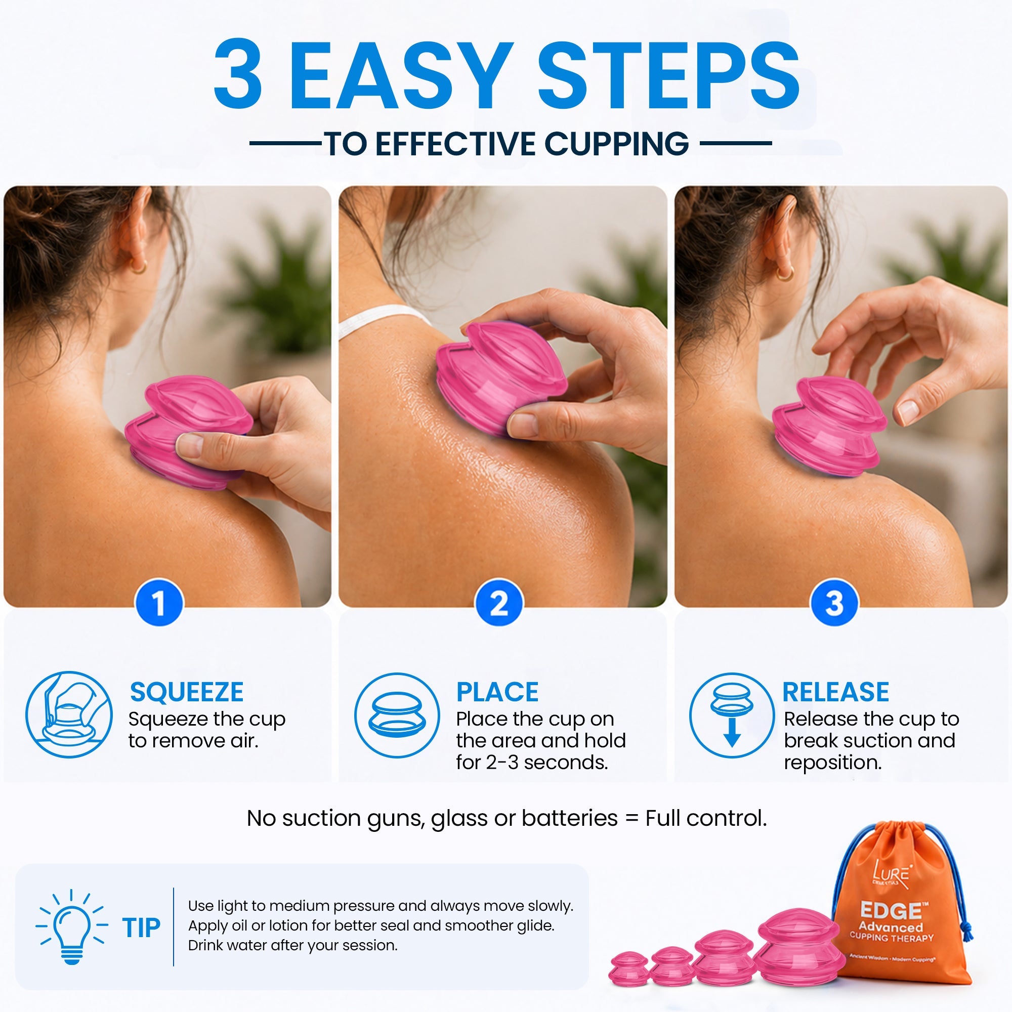 EDGE Silicone Cupping Therapy Massage Set Blue, 4 Cups