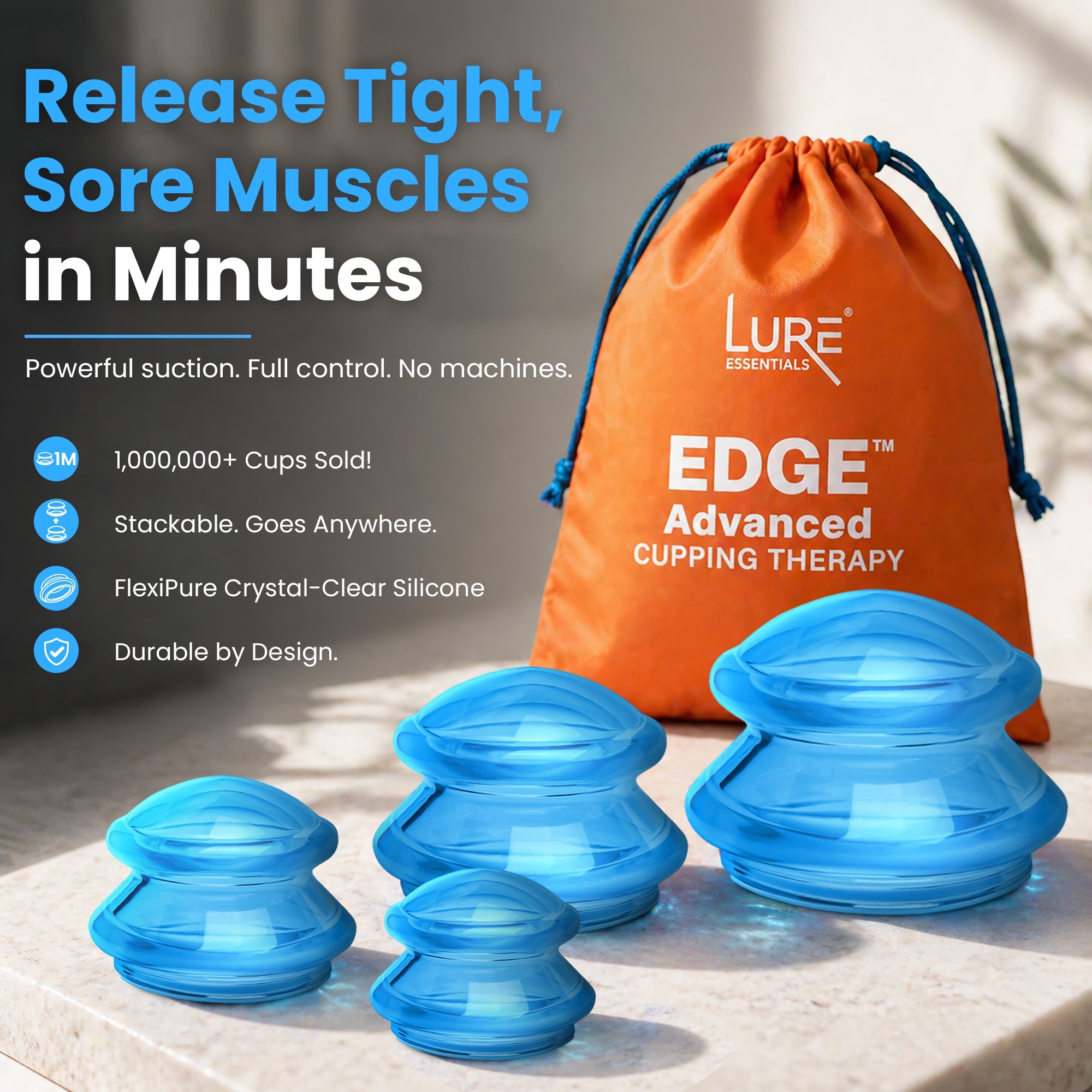 EDGE Silicone Cupping Therapy Massage Set Blue, 4 Cups