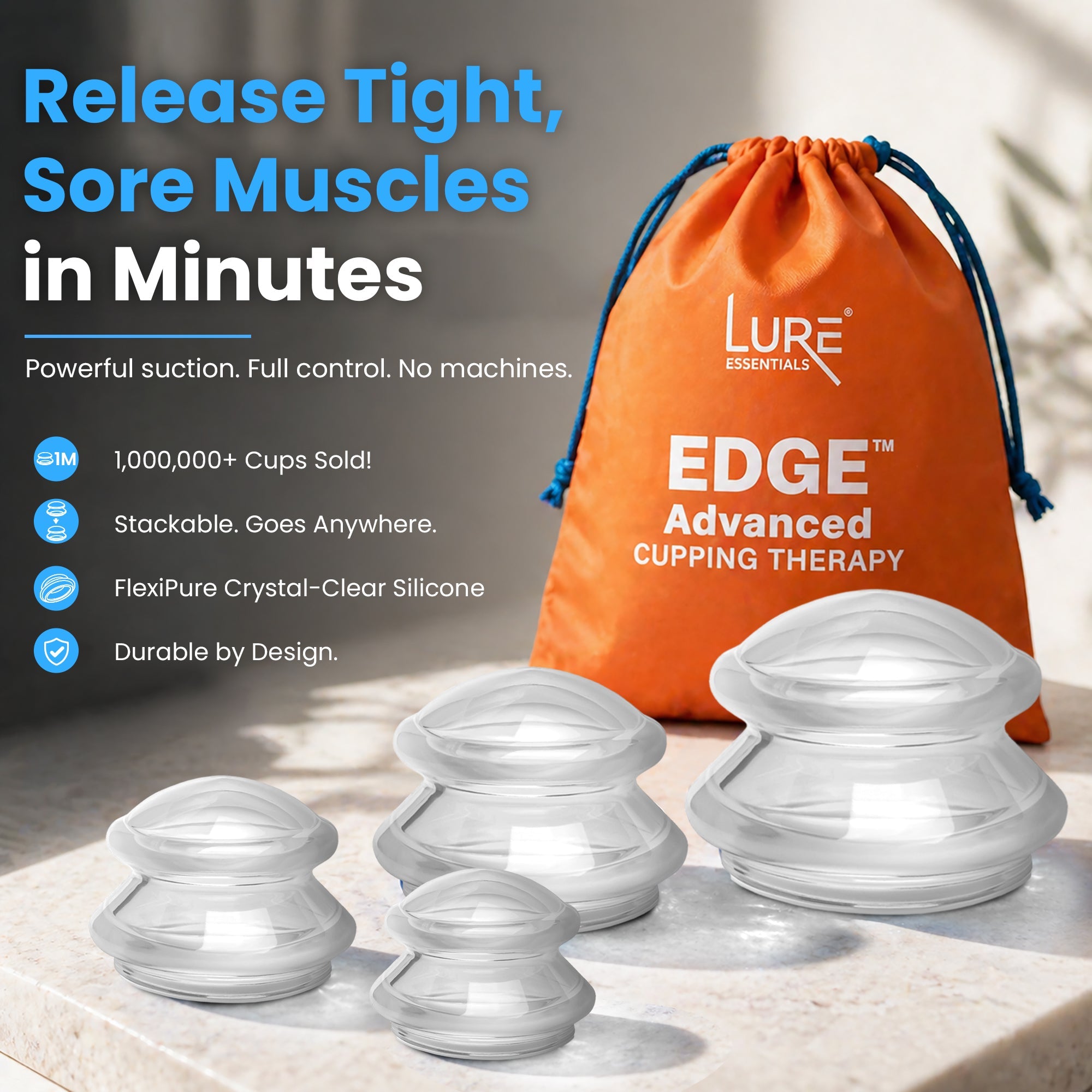 EDGE Silicone Cupping Therapy Massage Set Blue, 4 Cups