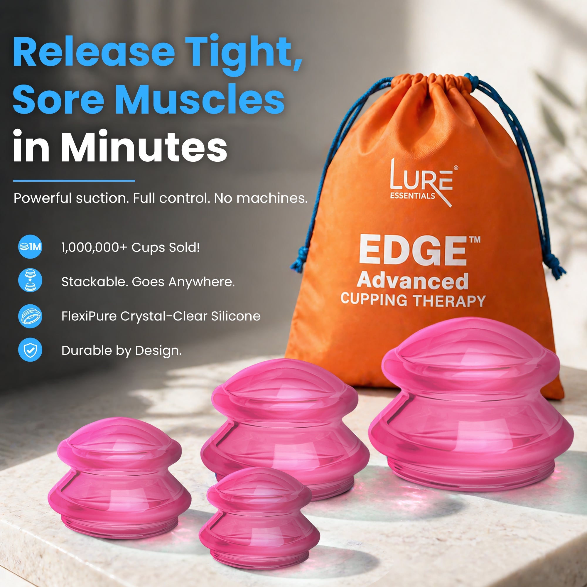 EDGE Silicone Cupping Therapy Massage Set Blue, 4 Cups