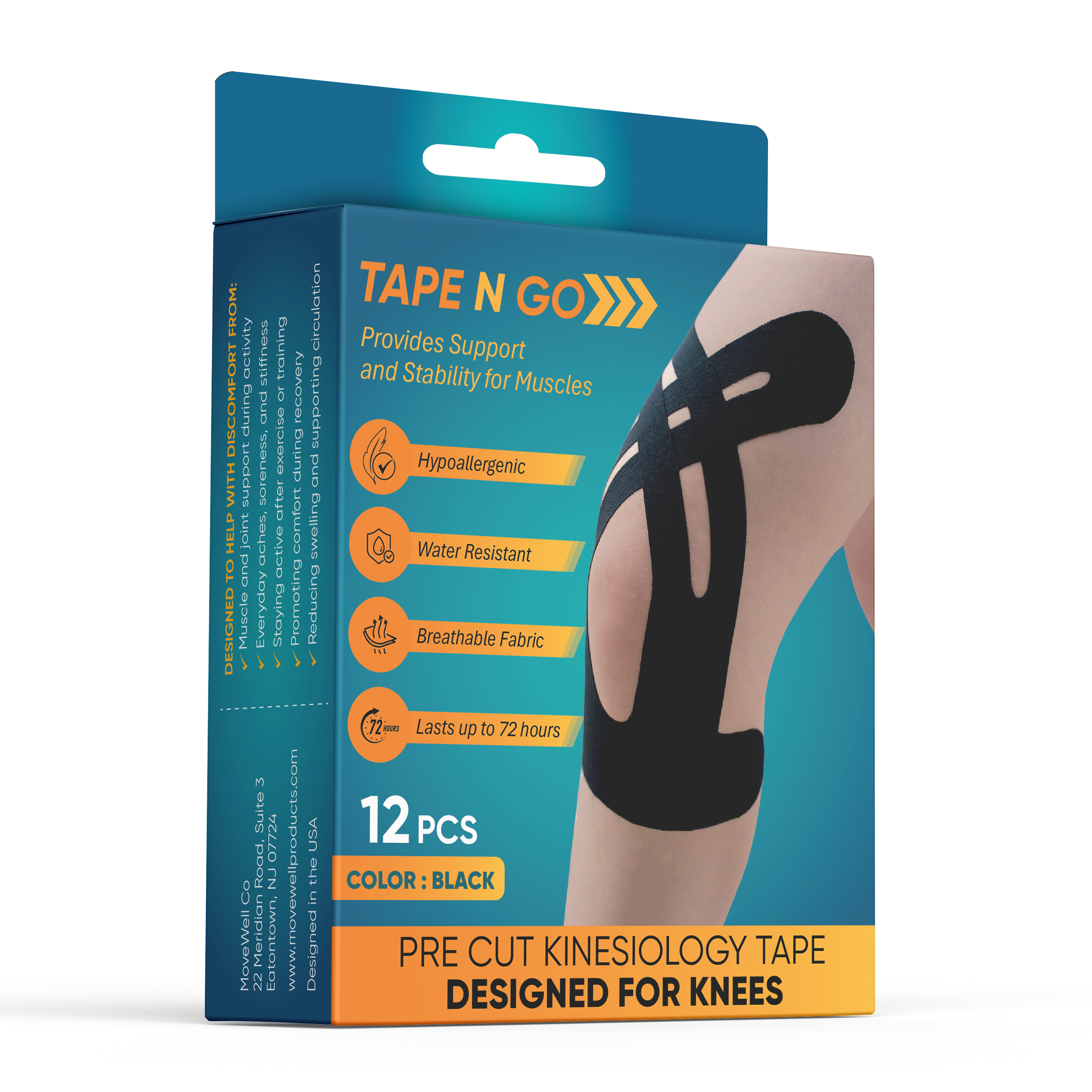 Tape N Go Precut Kinesiology Tape for Knee Support, 12 Pack - Massage King