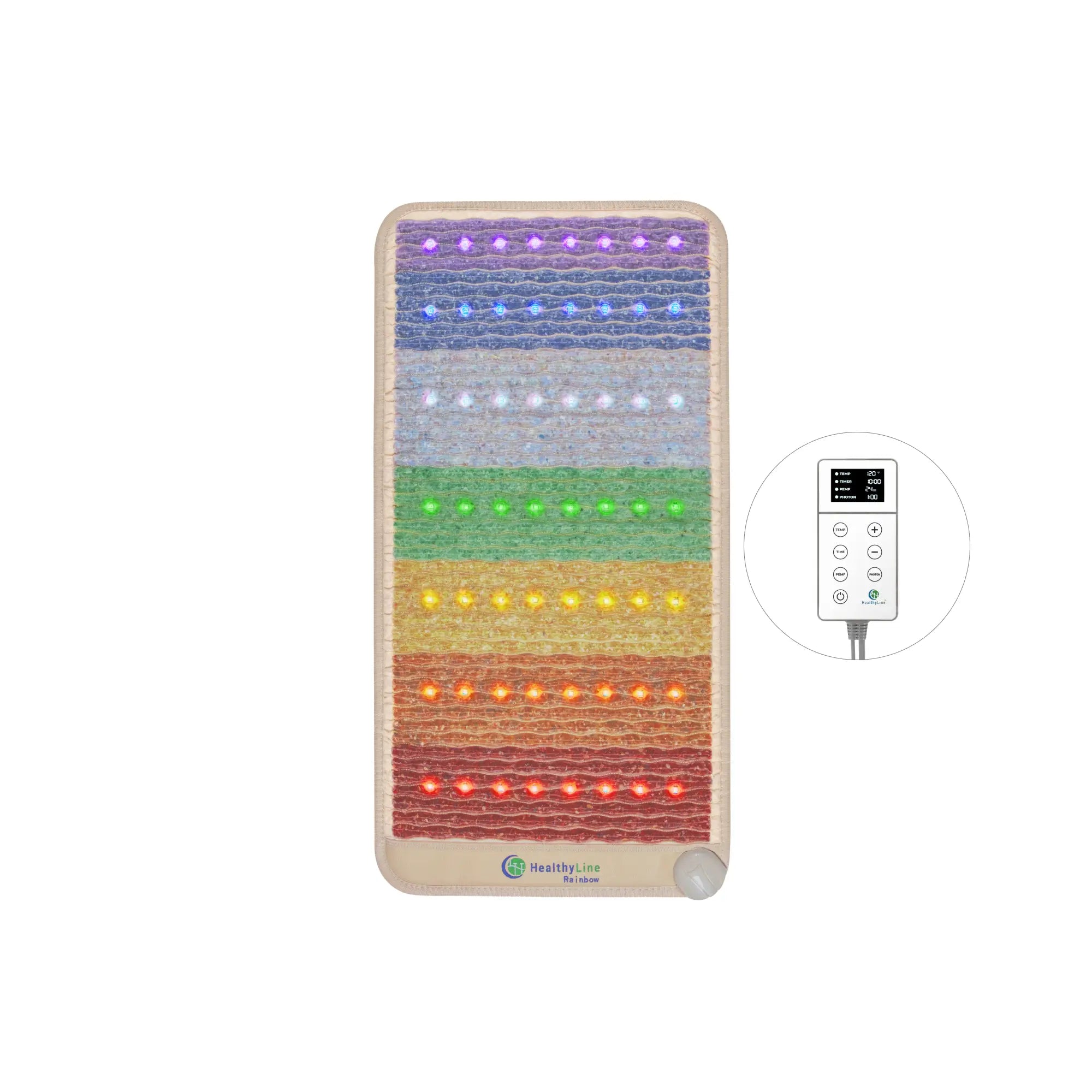 Rainbow colored heating pad with a remote control on a white background