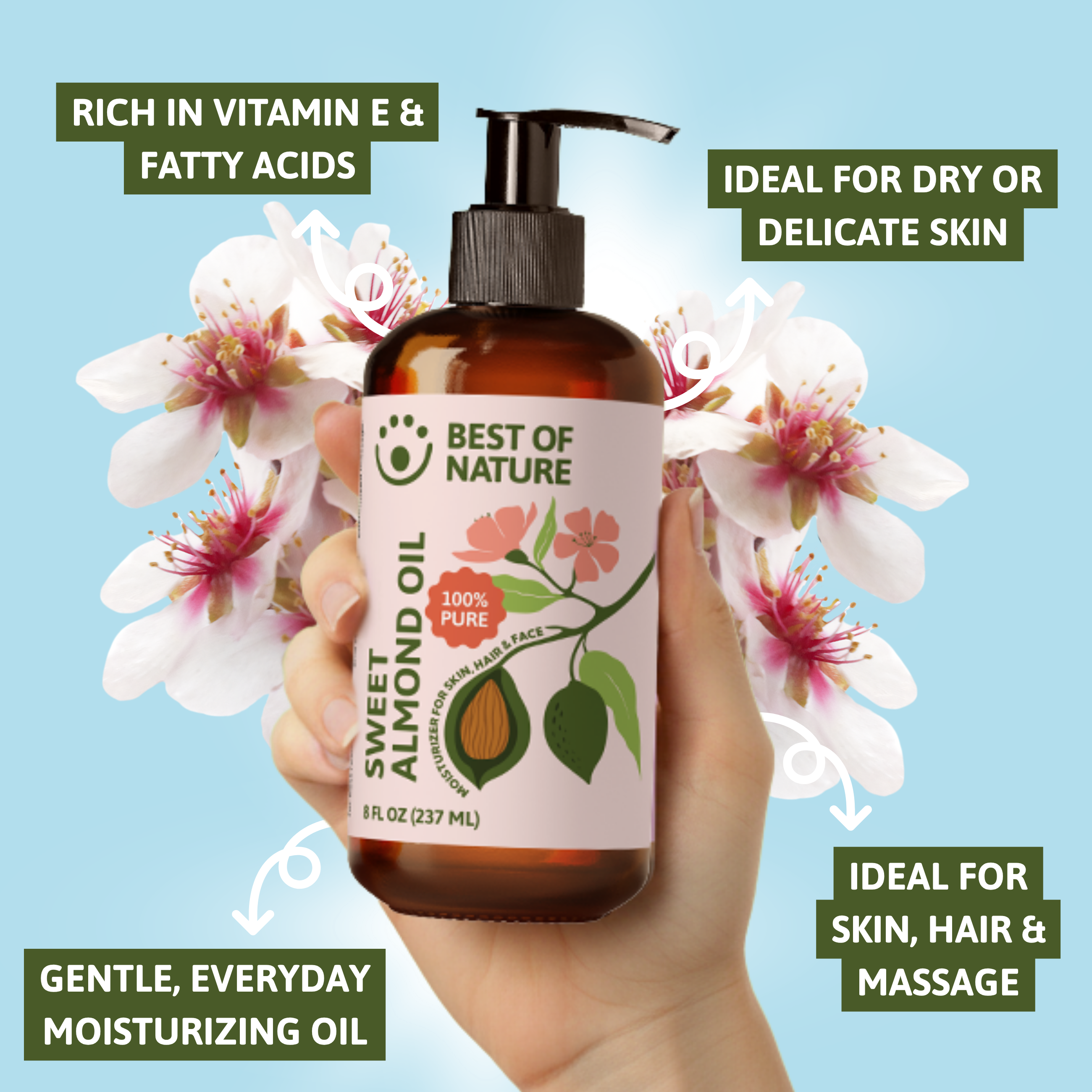 Best of Nature Sweet Almond Massage & Body Oil - 100% Pure