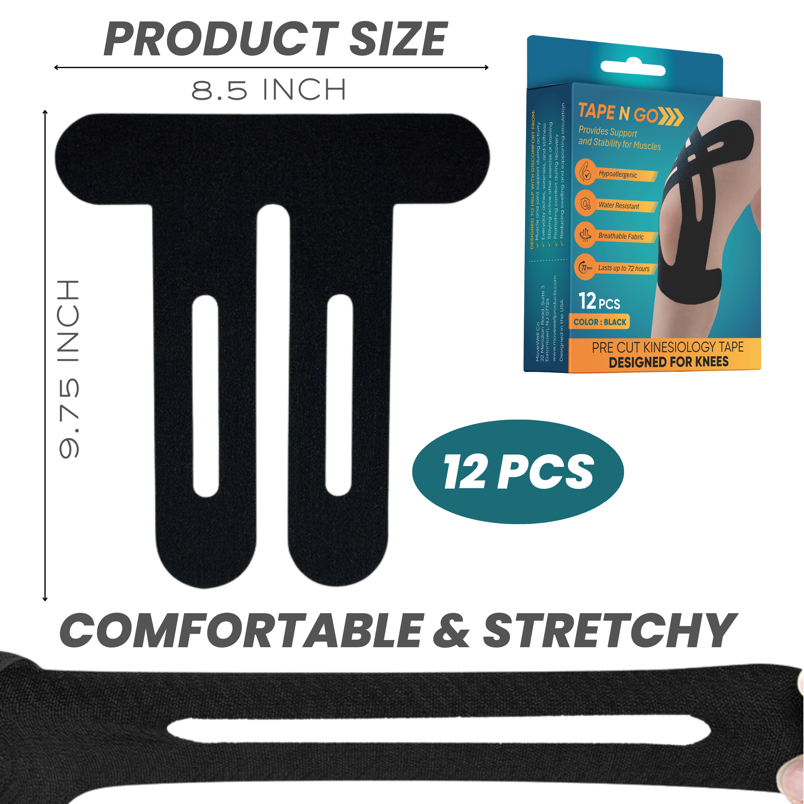 Tape N Go Precut Kinesiology Tape for Knee Support, 12 Pack - Massage King