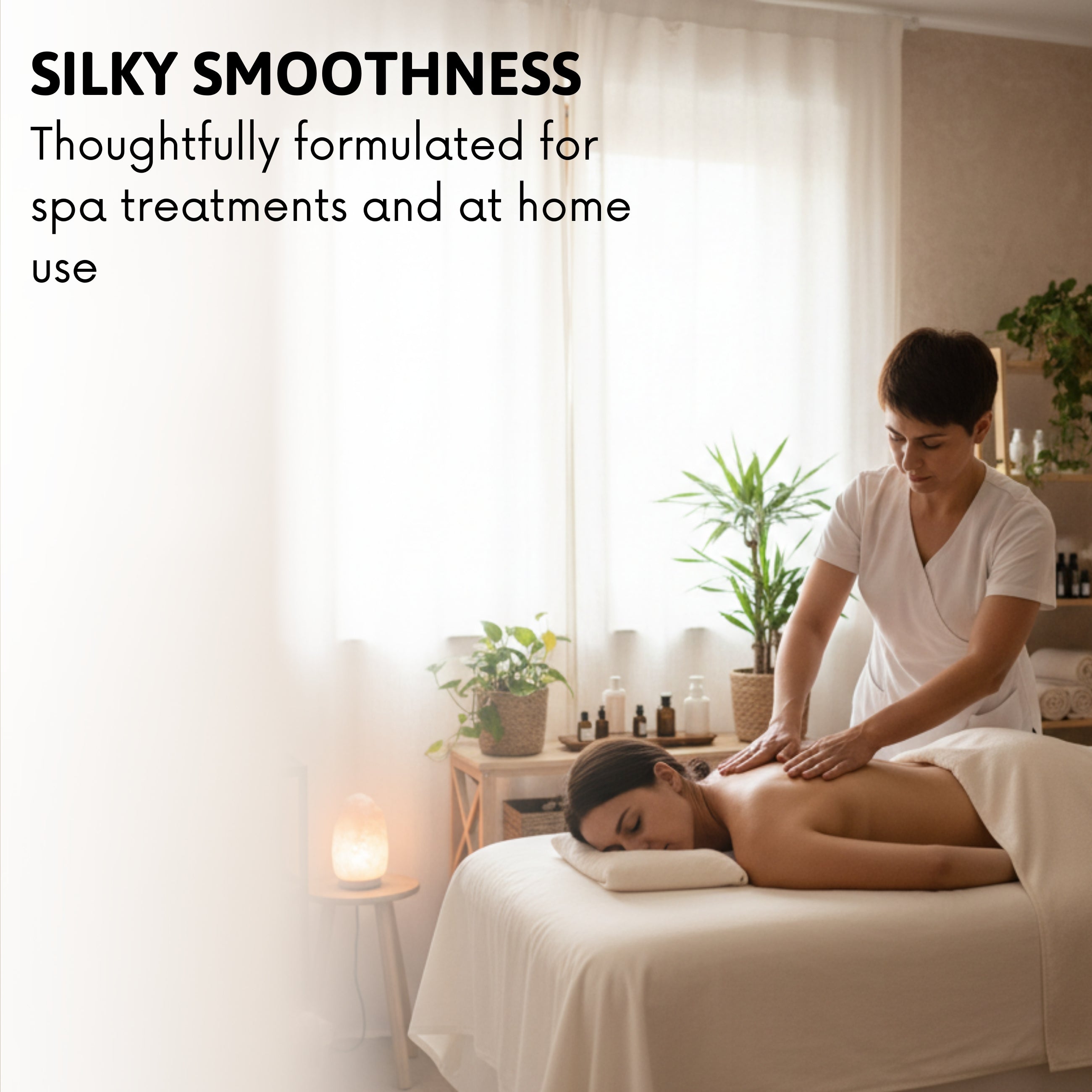 Person receiving a massage in a spa setting with text about silky smoothness and product formulation.
