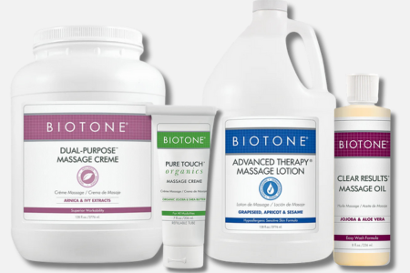 Biotone Dual Purpose Cream, Pure Touch Organics Cream, Advanced Therapy Lotion, Clear Results Oil.