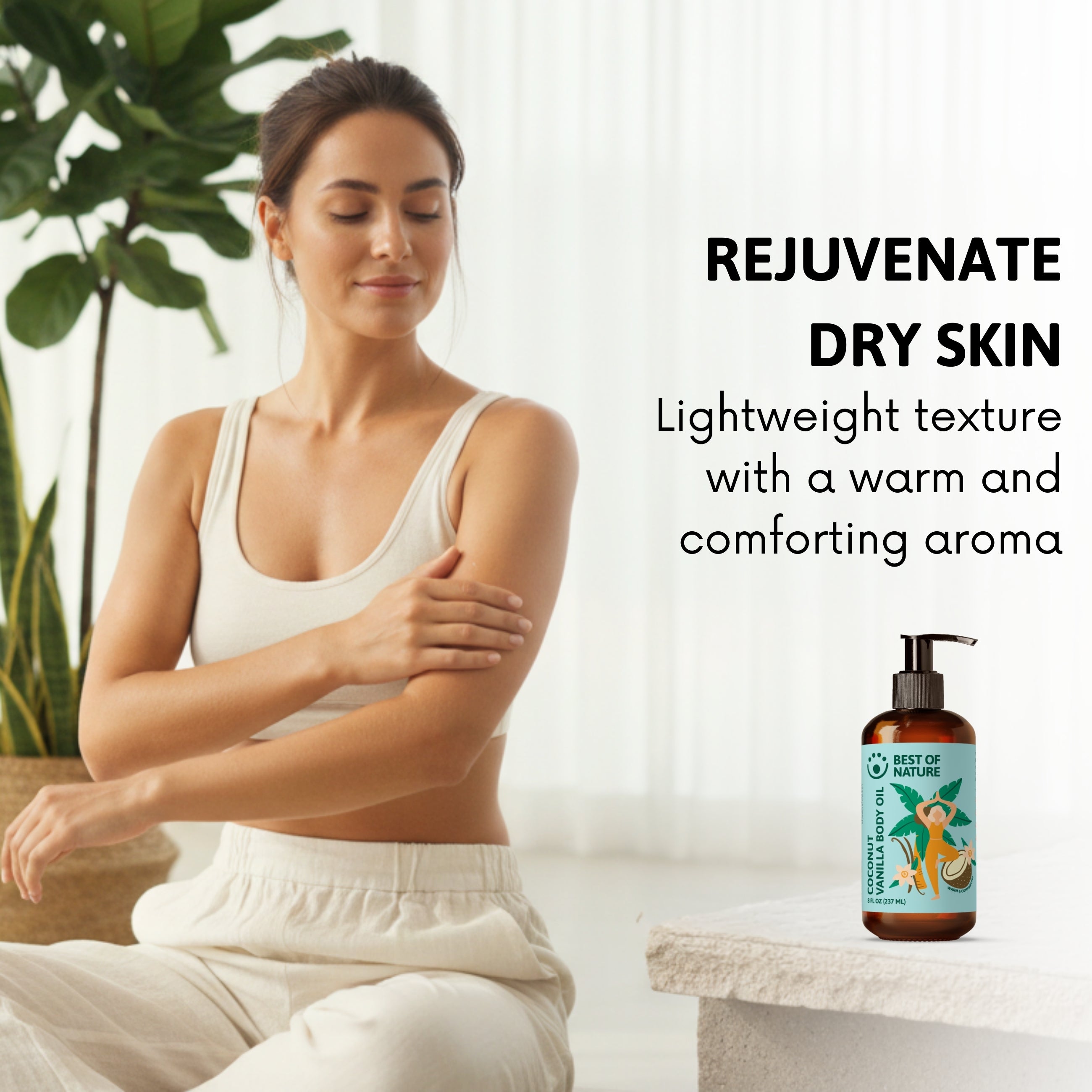 Woman applying oil to her arm with a bottle of oil on a white background