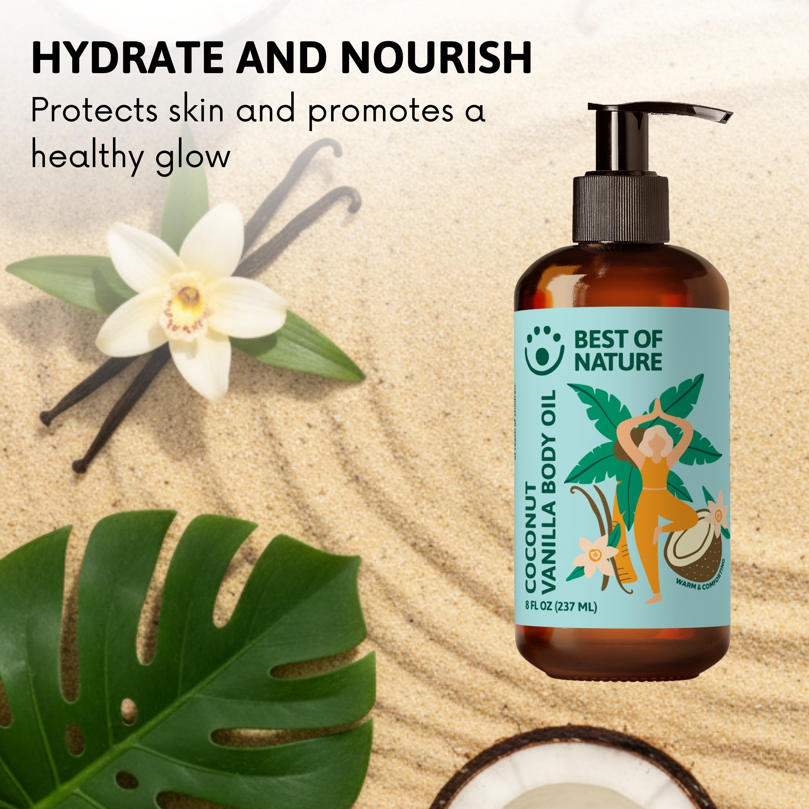 Coconut vanilla body oil bottle with vanilla flower and leaves on a sandy background