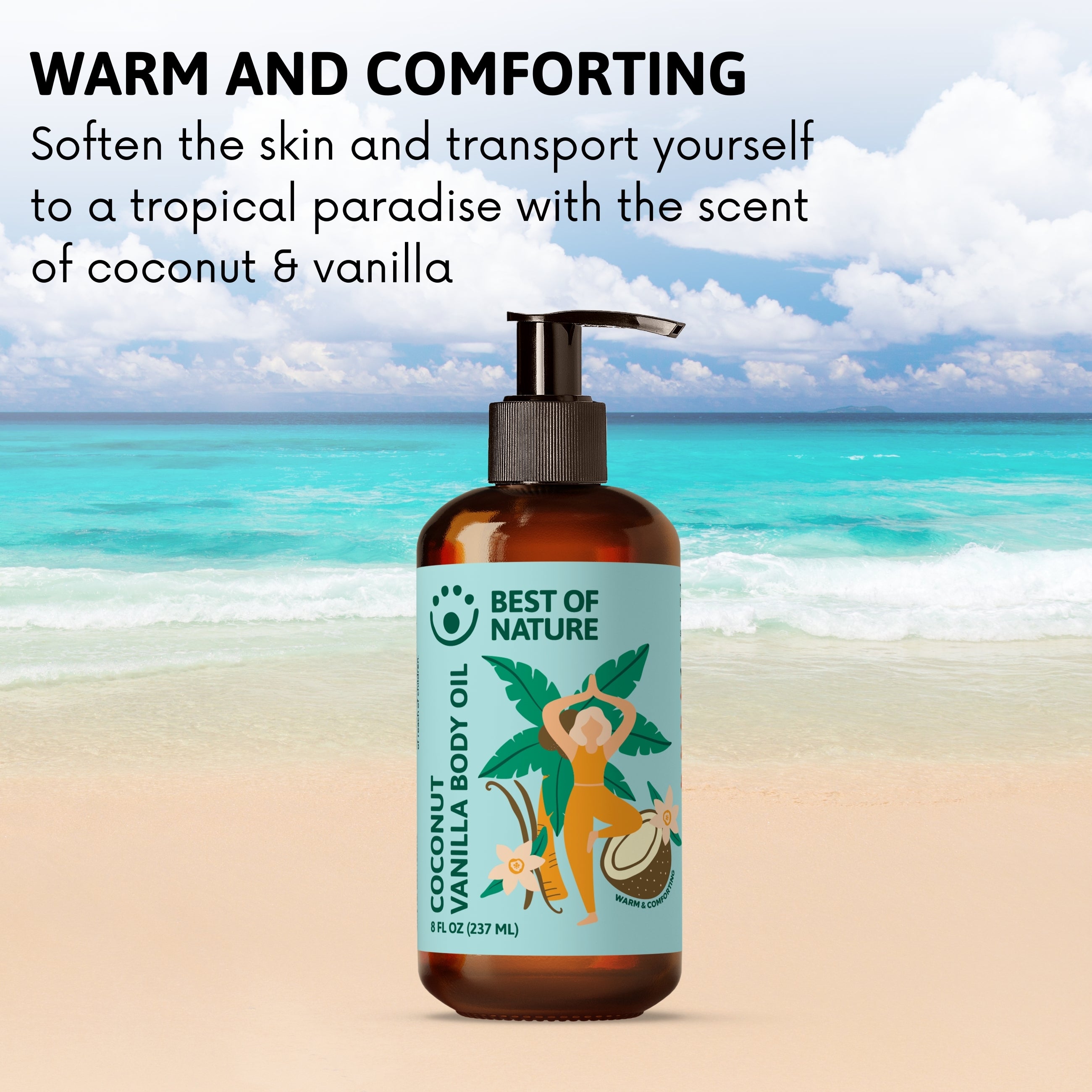 Bottle of coconut vanilla body oil with a beach background