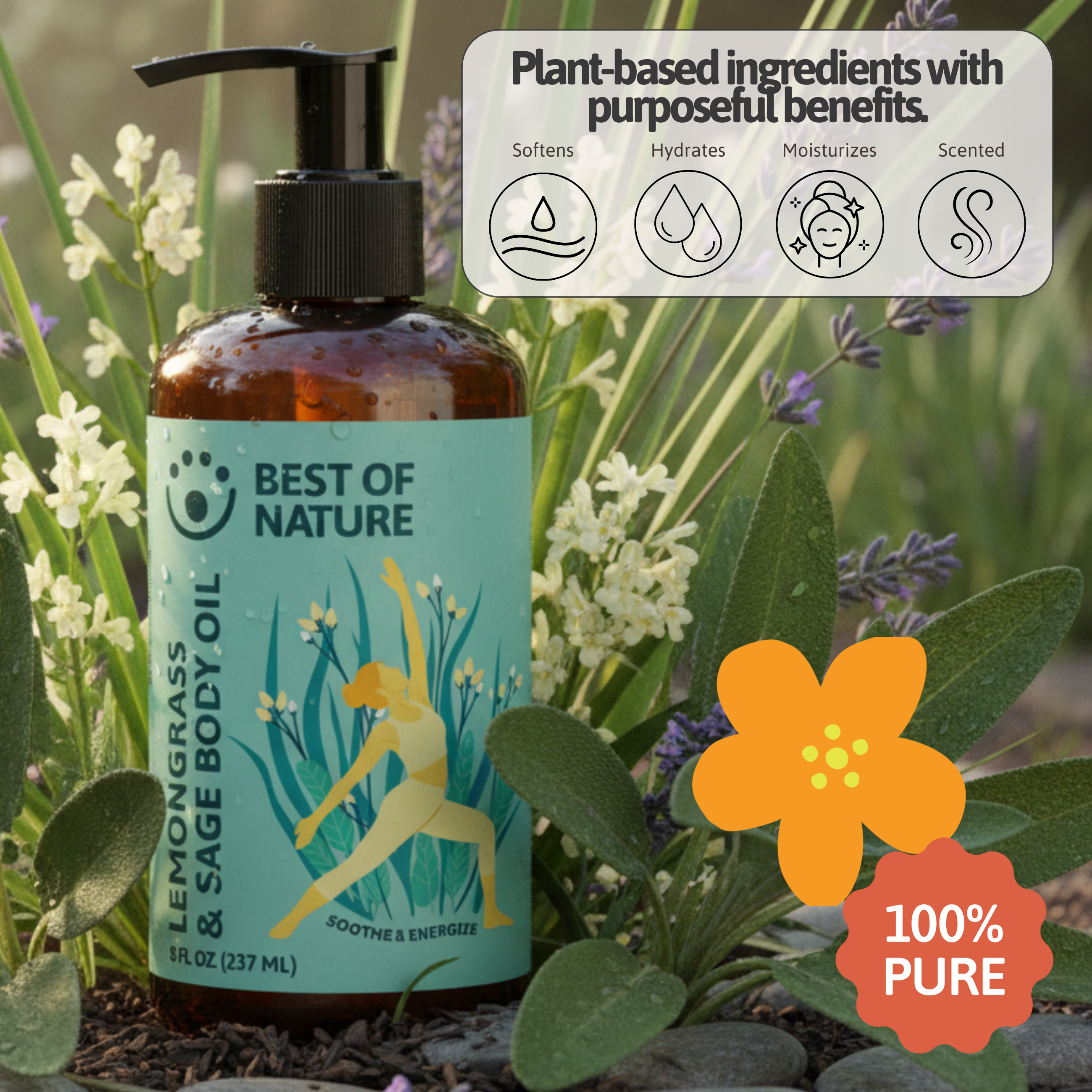 Bottle of lemongrass and sage body oil with plant-based ingredients label and nature-themed design.